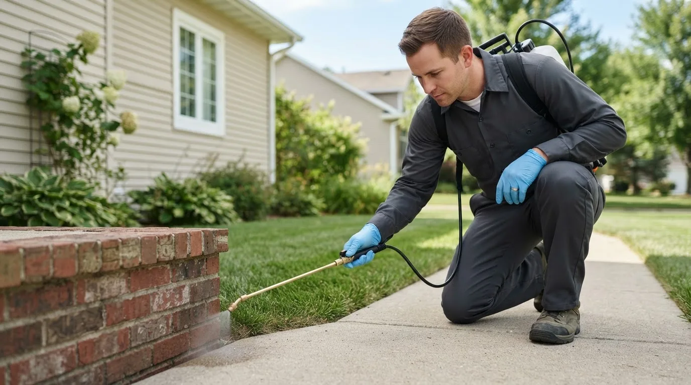Pest control technician treating a home near Biggsville, IL