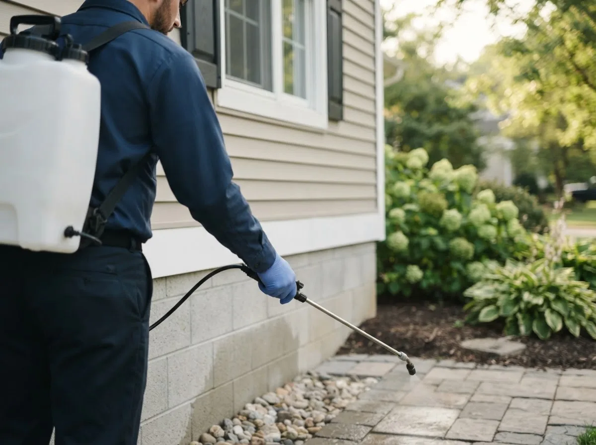 Pest control technician inspecting a home in Biggsville, IL